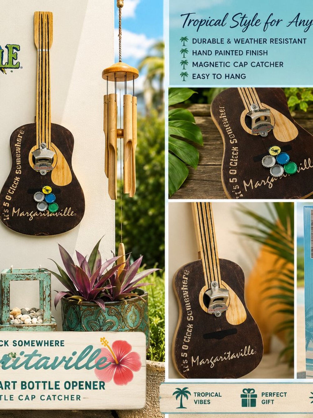 Outdoor Wall Art Acoustic Guitar Decor - Brown & Natural